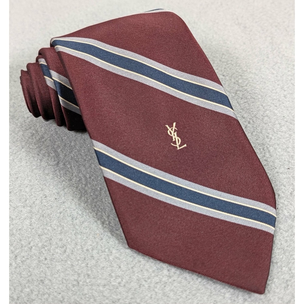 YVES SAINT LAURENT Necktie Mens Red Striped YSL Dress Logo Tie Men's Designer